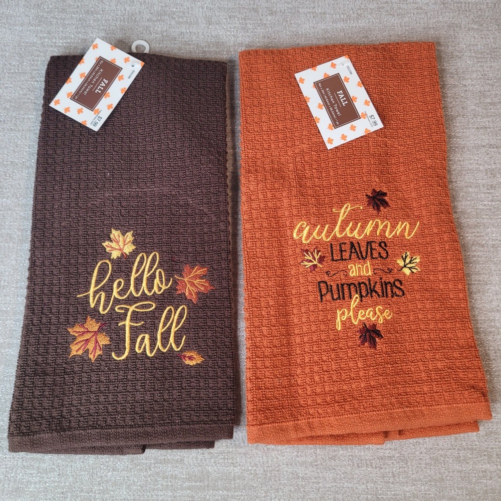 Brother‎ Sister Design Studio Kitchen Towels Brown Orange Embroidered Fall NEW